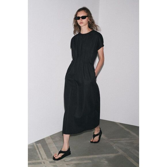 Zara Dresses & Skirts - Zara Womens Midi Dress M Medium Black Pleated Linen Short Sleeve 4333/041 NWT